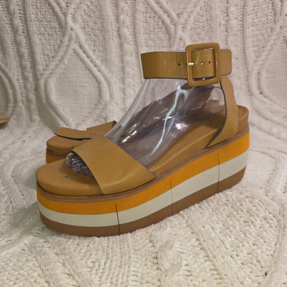 Naked Feet Flatform Platform Sandals Tan Leather Striped Wedge Womens 9M